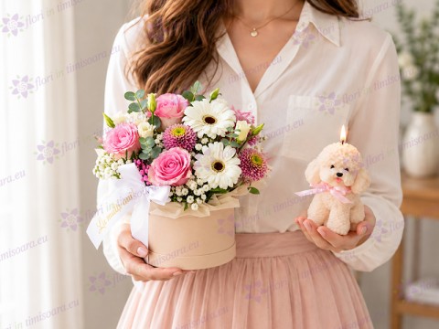 Pastel Aniversar - cutie cu flori